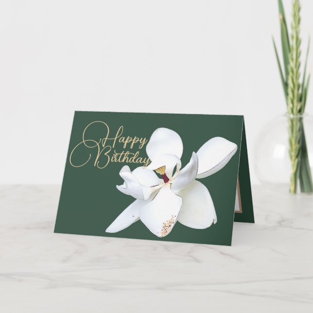 Tarjeta Cumpleaños Flor Blanca de Magnolia Chic Verde (Anverso)