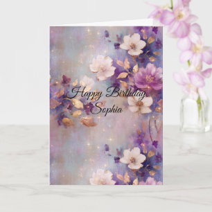 Tarjeta Cumpleaños Floral Azul Blanco Dorado Púrpura