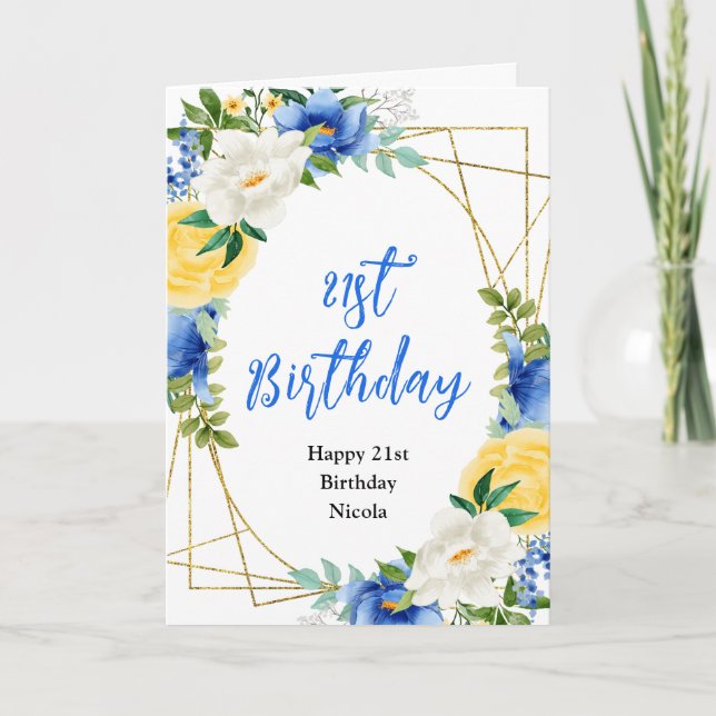 Tarjeta Cumpleaños Floral Azul y Amarillo (Anverso)