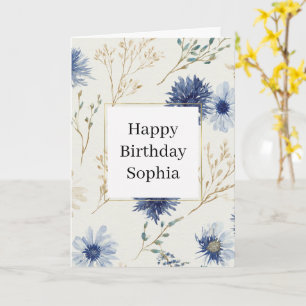 Tarjeta Cumpleaños Floral Blanco Azul