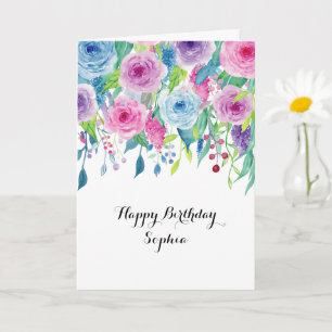 Tarjeta Cumpleaños floral de acuarela rosa azul