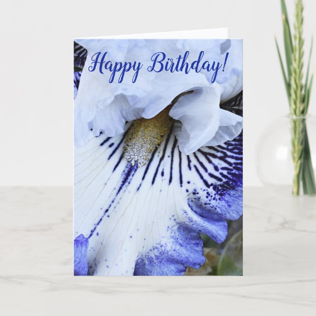 Tarjeta Cumpleaños floral de Iris azul y blanco (Anverso)