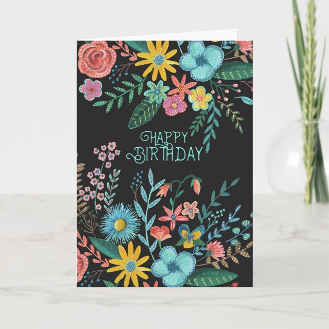 Tarjeta Cumpleaños floral de los watercolours negros (Anverso)