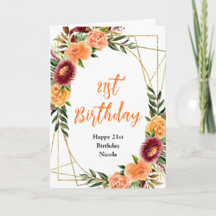 Tarjeta Cumpleaños Floral de Otoño Burdeos y Naranja