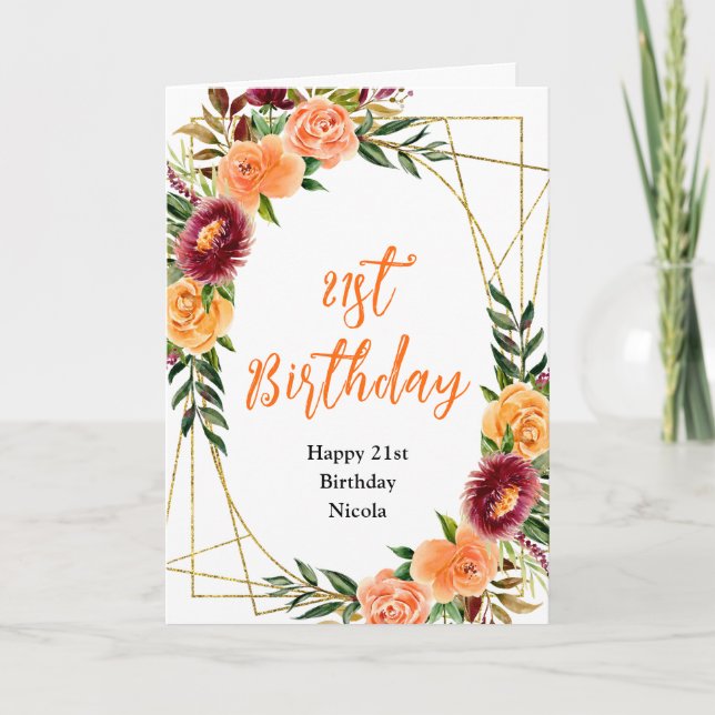 Tarjeta Cumpleaños Floral de Otoño Burdeos y Naranja (Anverso)