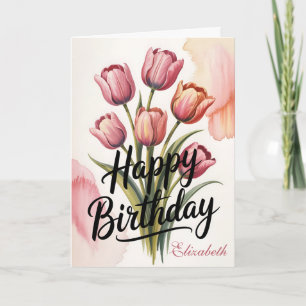 Tarjeta Cumpleaños floral de tulipán rosa elegante