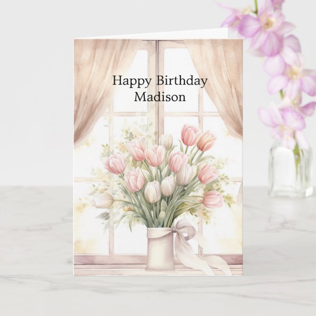 Tarjeta Cumpleaños Floral de Tulipanes Rosados de Rubor (Orquídea)