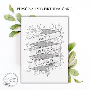 Tarjeta Cumpleaños Floral en Blanco y Negro con Nombre Per