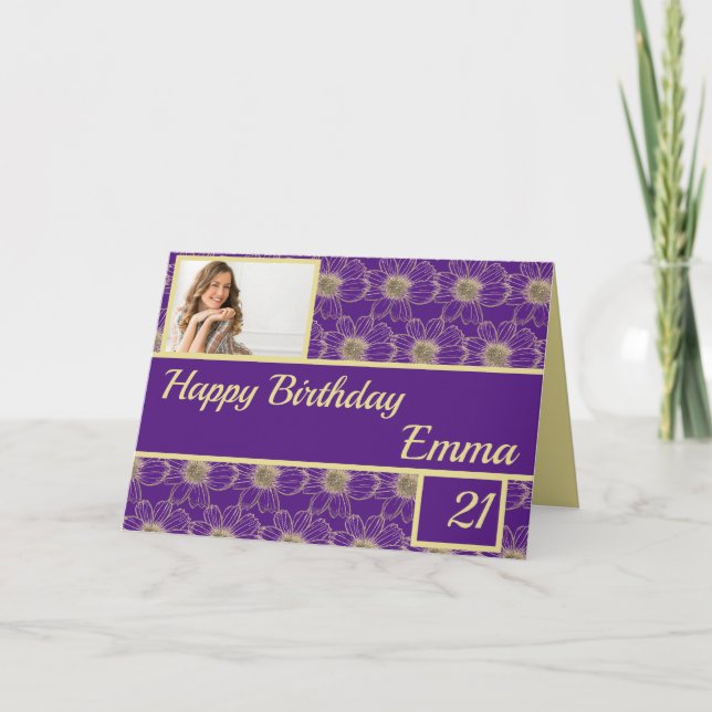 Tarjeta Cumpleaños Floral Gold morado (Anverso)
