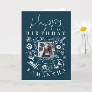 Tarjeta Cumpleaños Floral Moderno Tipografía Foto Doodle
