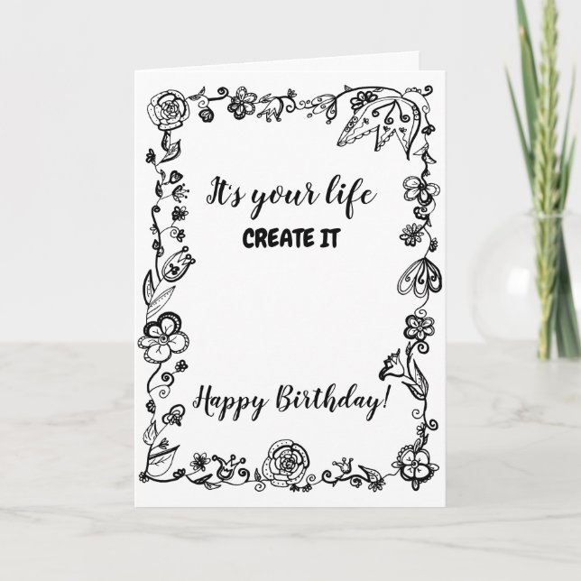 Tarjeta Cumpleaños floral monocromático blanco negro del (Anverso)