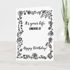 Tarjeta Cumpleaños floral monocromático blanco negro del