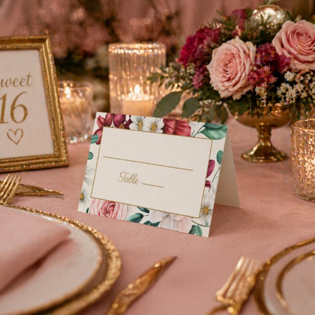 Tarjeta Cumpleaños Floral Rosa de Borgoña Blanco (Pink and red watercolor floral table card)