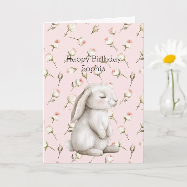 Tarjeta Cumpleaños floral rosa de conejito dulce con rosas (Planta pequeña)
