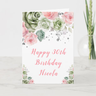 Tarjeta Cumpleaños floral verde salvia y rosa