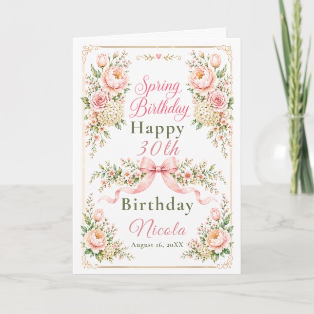 Tarjeta Cumpleaños Floral y de Lazo de Primavera (Anverso)