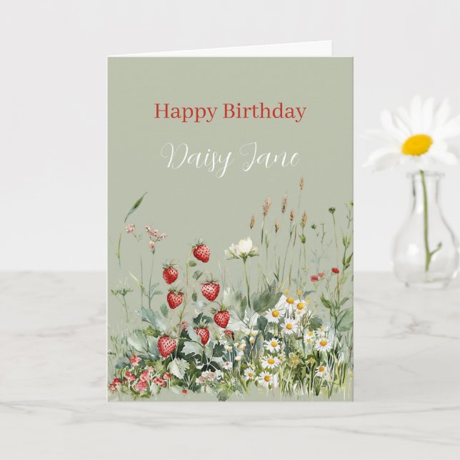 Tarjeta Cumpleaños Flores de Margarita Fresas Verdes (Planta pequeña)