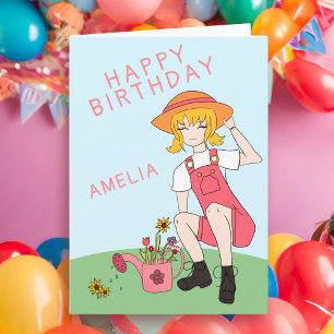 Tarjeta Cumpleaños Flores Niña Lindo Jardinería Rubia
