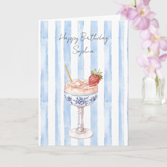 Tarjeta Cumpleaños Fresa Rayas Blancas Azules Bonito (Orquídea)