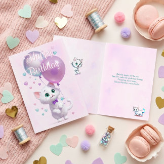 Tarjeta Cumpleaños Gatito Blanco Rosa con Globos
