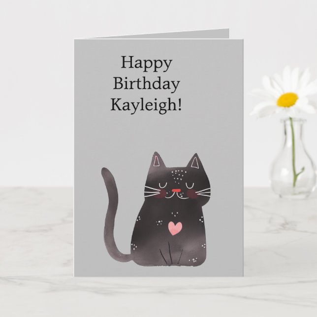 Tarjeta Cumpleaños Gato Corazón Rosa Negro Gris (Planta pequeña)