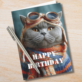 Tarjeta Cumpleaños Gato Piloto Aviador Divertido Aviación