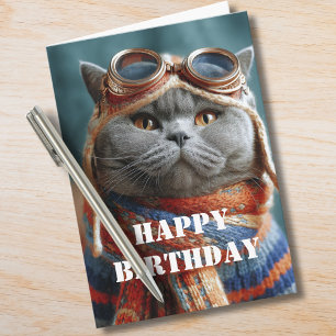 Tarjeta Cumpleaños Gato Piloto Aviador Divertido Aviación