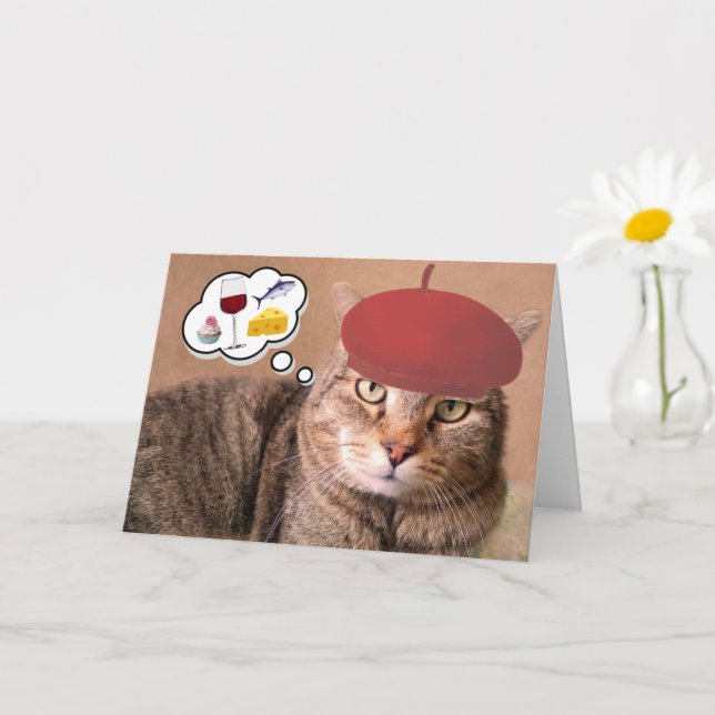 Tarjeta Cumpleaños Gato, Vino Y Queso (Planta pequeña)