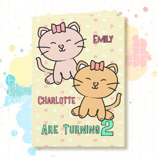 Tarjeta Cumpleaños gemelas 2 años Dibujo de gato adorable 