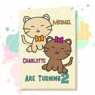 Tarjeta Cumpleaños gemelos niño niña gato dibujos animados