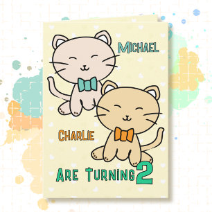 Tarjeta Cumpleaños gemelos niños 2 años Gatito Dibujos Ani