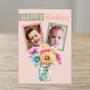 Tarjeta cumpleaños gerbera coral verde de 2 fotos