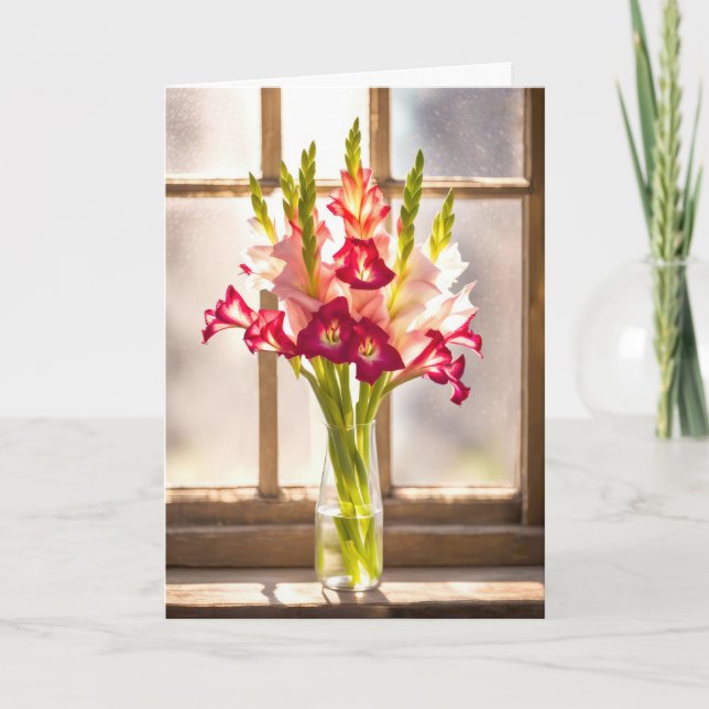 Tarjeta Cumpleaños Gladiolus Bouquet en una ventana solead (Anverso)