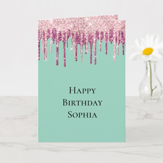 Tarjeta Cumpleaños Glitter Drips Helado Rosa Menta (Planta pequeña)
