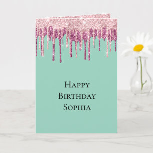 Tarjeta Cumpleaños Glitter Drips Helado Rosa Menta