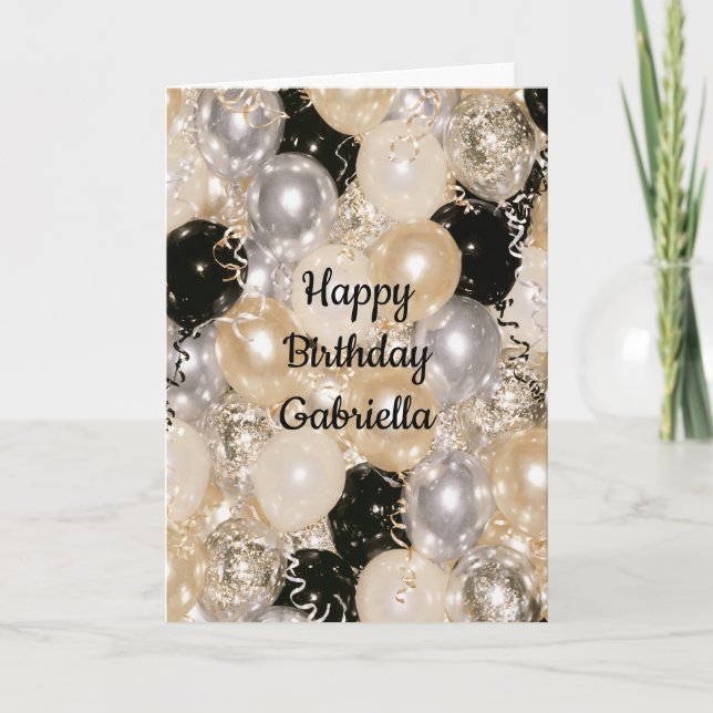 Tarjeta Cumpleaños Globos de Plata Oro Negro (Anverso)