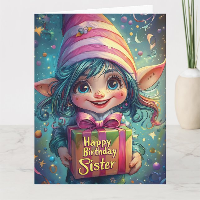 Tarjeta Cumpleaños Gnome - Feliz cumpleaños hermana (Anverso)