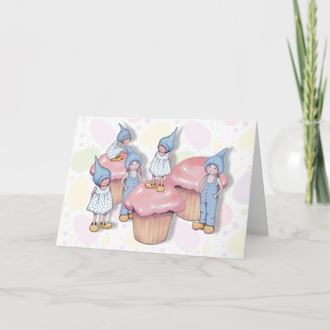 Tarjeta Cumpleaños, gnomos y pasteles, hielo rosado, niños (Anverso)