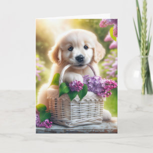 Tarjeta Cumpleaños Golden Retriever Puppy Con Cesta De Lil