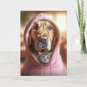 Tarjeta Cumpleaños Golden Retriever y Kitten in a Hoodie