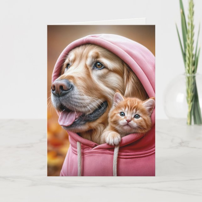 Tarjeta Cumpleaños Golden Retriever y Kitten in a Hoodie (Anverso)