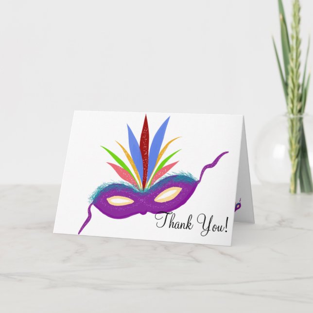 Tarjeta Cumpleaños Gracias Máscara Purple Mardi Gras (Anverso)