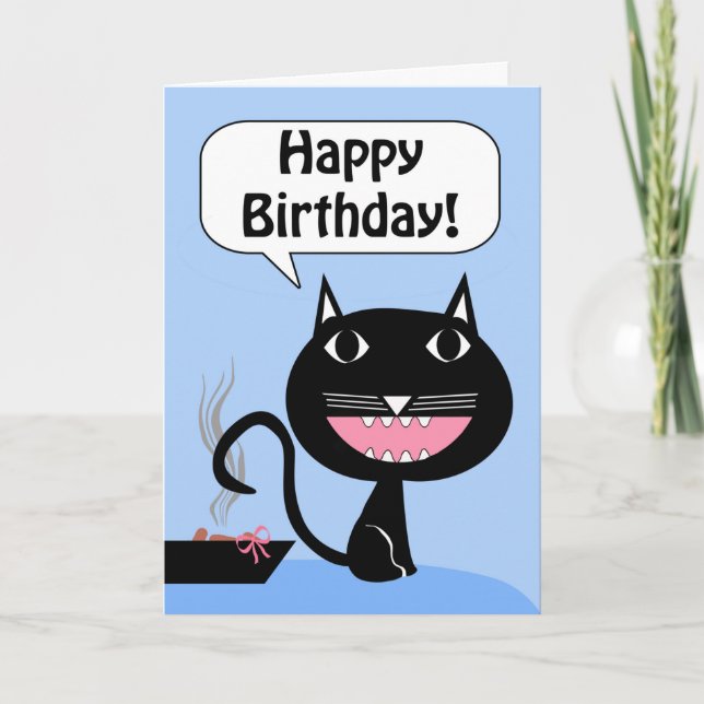 Tarjeta Cumpleaños gracioso del gato, regalo en la litera (Anverso)