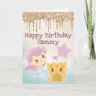 Tarjeta Cumpleaños Gradiente de Sirena Kawaii y Castillo d