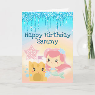 Tarjeta Cumpleaños Gradiente de Sirena Kawaii y Castillo d