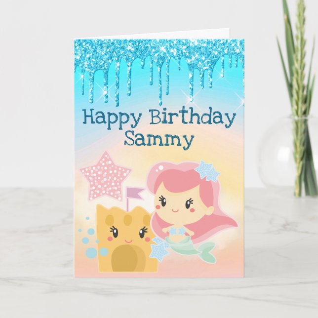 Tarjeta Cumpleaños Gradiente de Sirena Kawaii y Castillo d (Anverso)
