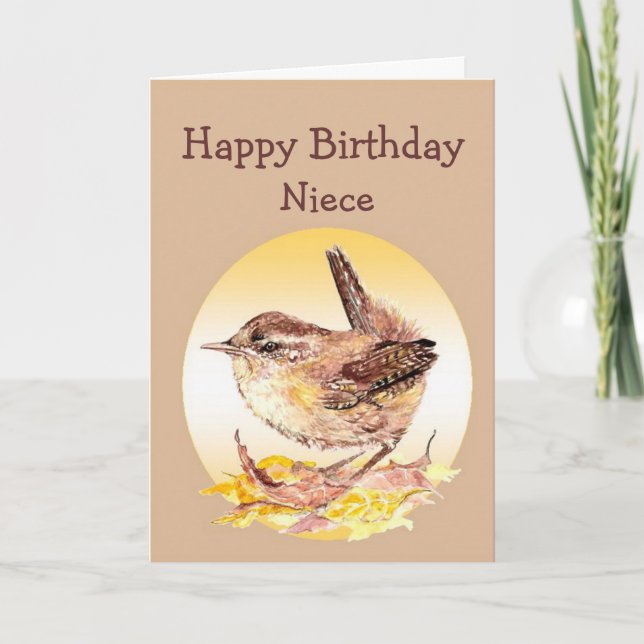 Tarjeta Cumpleaños Gran Niece Acuarela Wren Bird (Anverso)