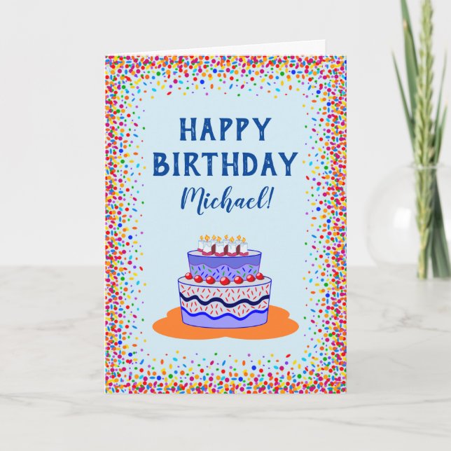 Tarjeta Cumpleaños Guay Blue Cake Colorful Confetti (Anverso)