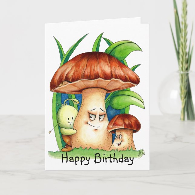 Tarjeta Cumpleaños haciendo amigos con hongos  (Anverso)