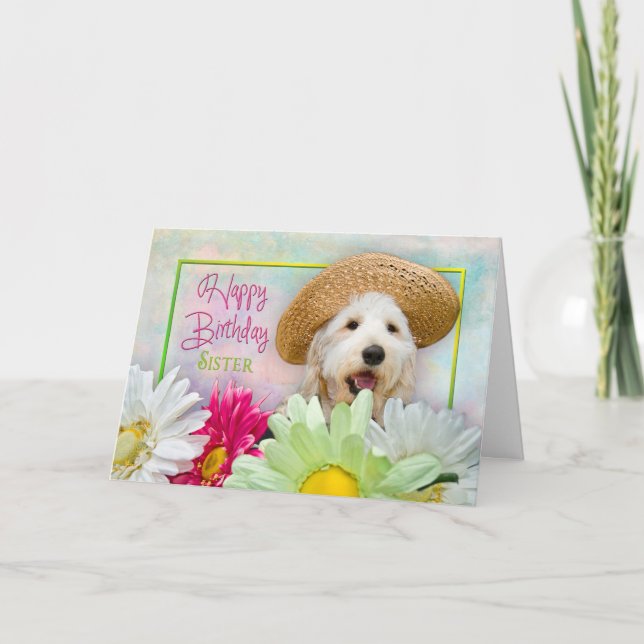 TARJETA CUMPLEAÑOS - HERMANA - CACHORROS/FLORES/SUNHAT (Anverso)